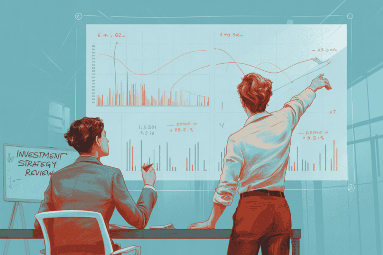 Two individuals at a desk, one seated and one standing. Looking at a chart.