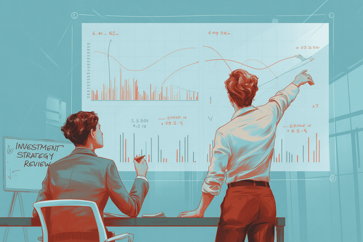 Two individuals at a desk, one seated and one standing. Looking at a chart.
